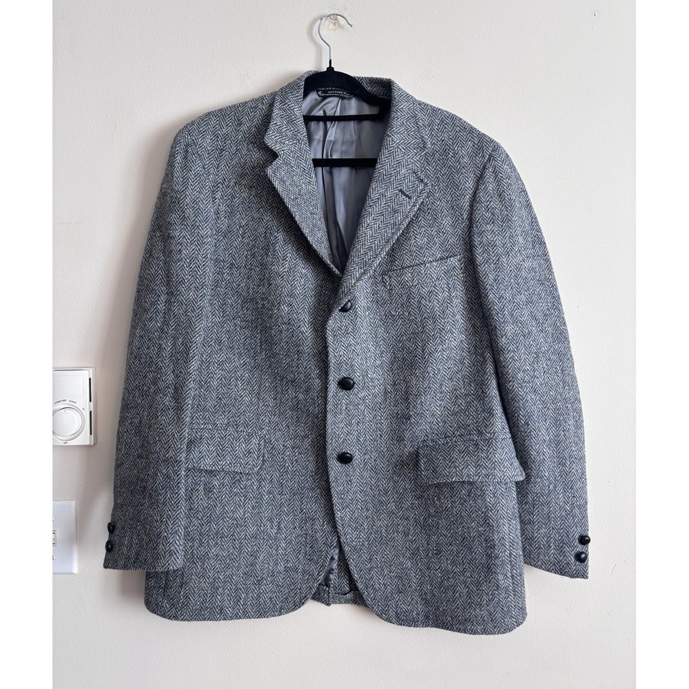 Vintage Jos A Bank Harris Tweed Blazer 3 Button Blue‎ Mens 44 Regular Retro